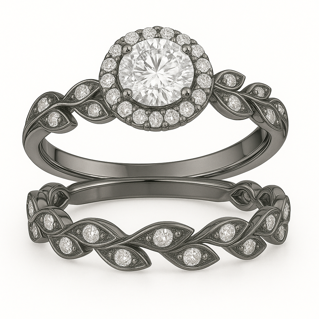 Vintage Leaf 1.60 Ct Round Moissanite Halo Bridal Set