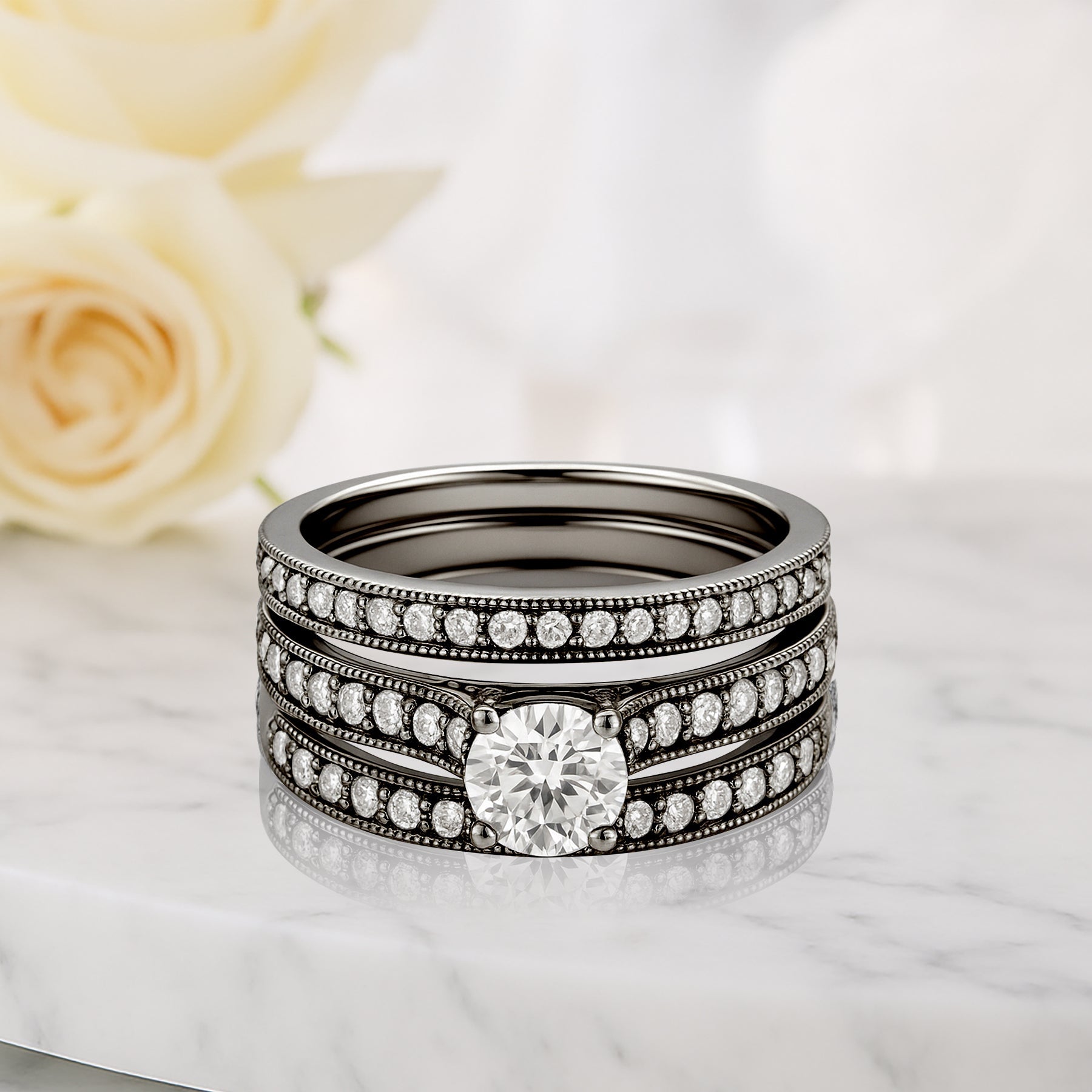 Certified 1.15 Ct Round Lab Diamond Pave Trio Set