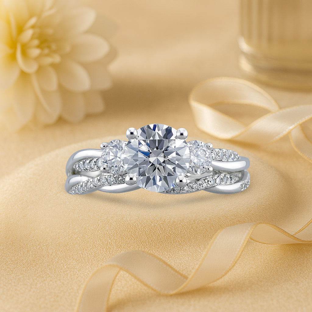 Certified 1.20 Ct Round Lab Diamond  Twist Three Stone Bridal Set