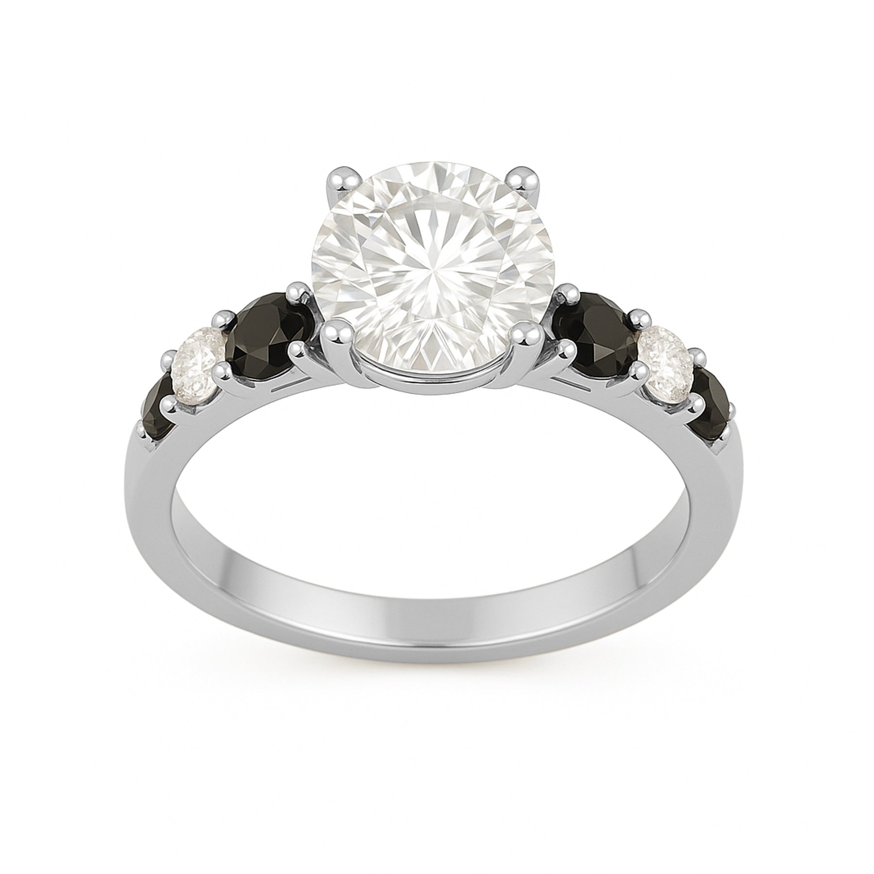 1.15 Ct Round Moissanite Black and White Side Stone Engagement Ring