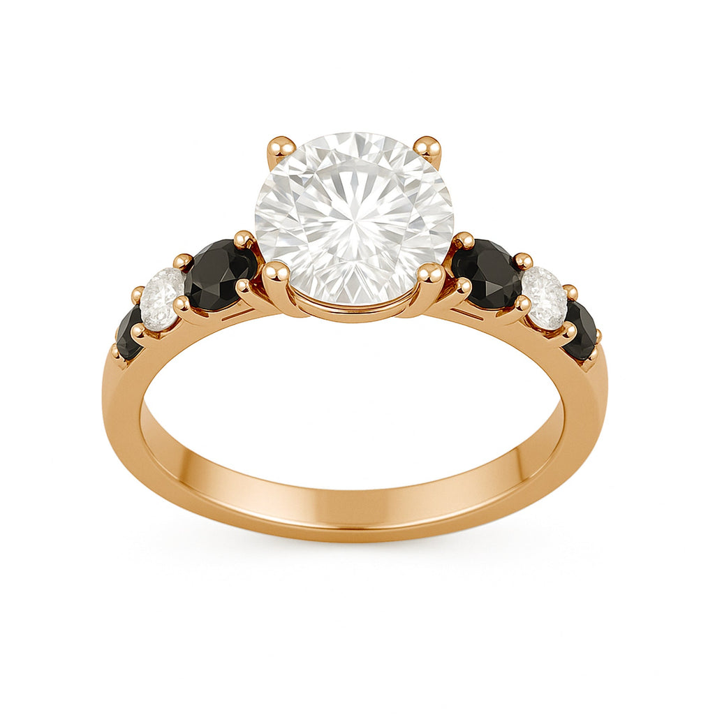 1.15 Ct Round Moissanite Black and White Side Stone Engagement Ring