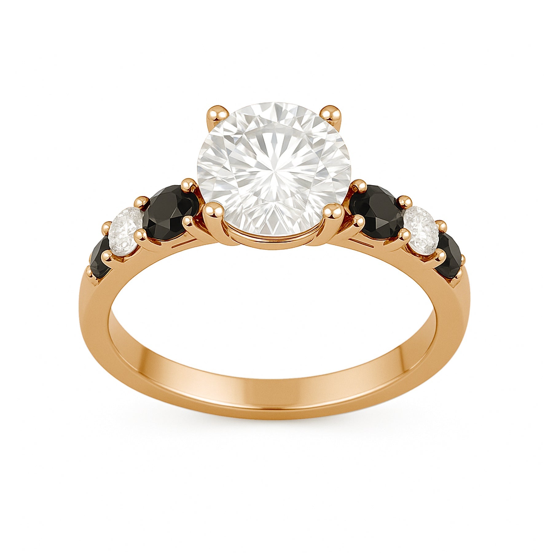 1.15 Ct Round Moissanite Black and White Side Stone Engagement Ring