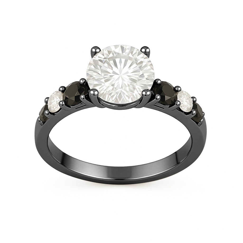 1.15 Ct Round Moissanite Black and White Side Stone Engagement Ring