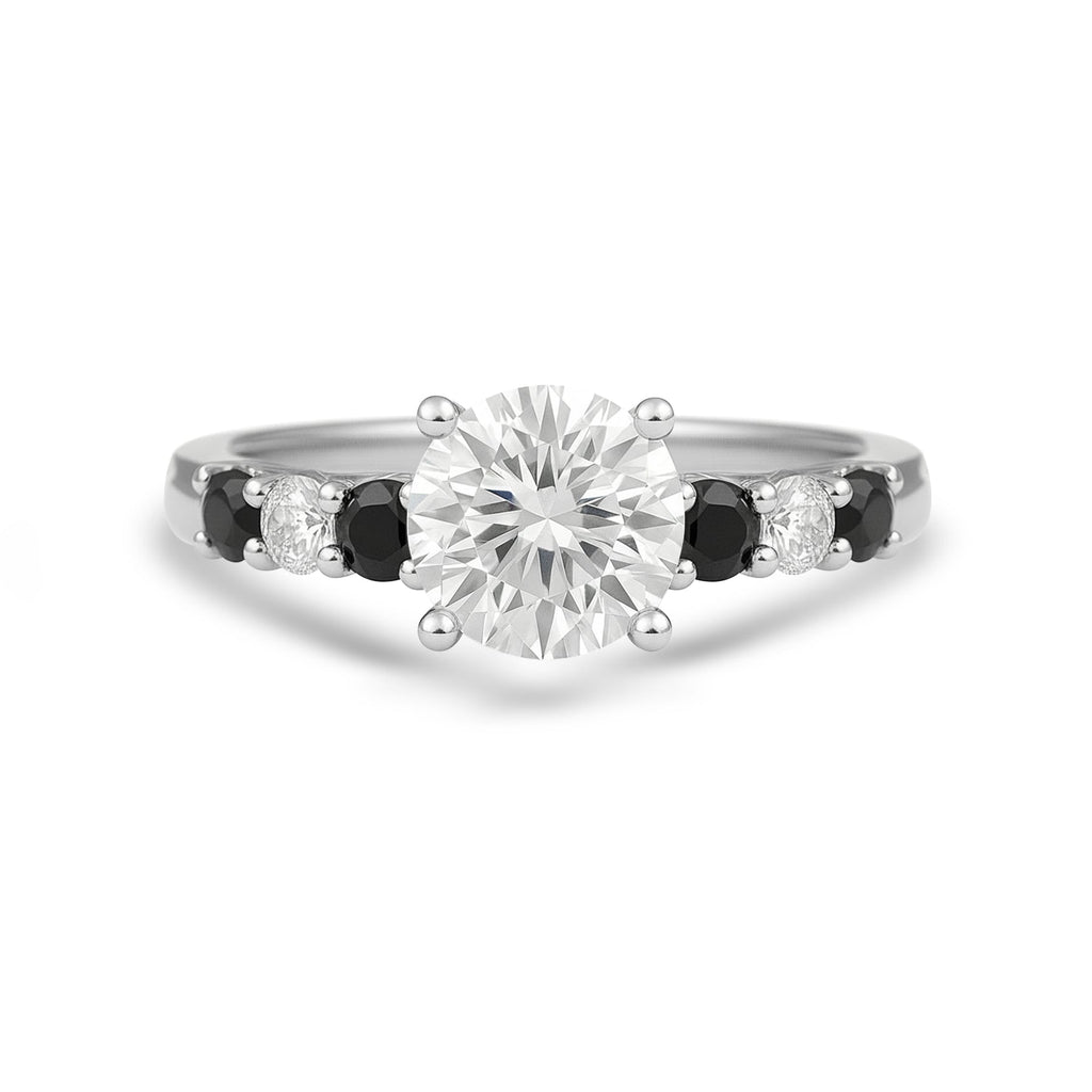 1.15 Ct Round Moissanite Black and White Side Stone Engagement Ring