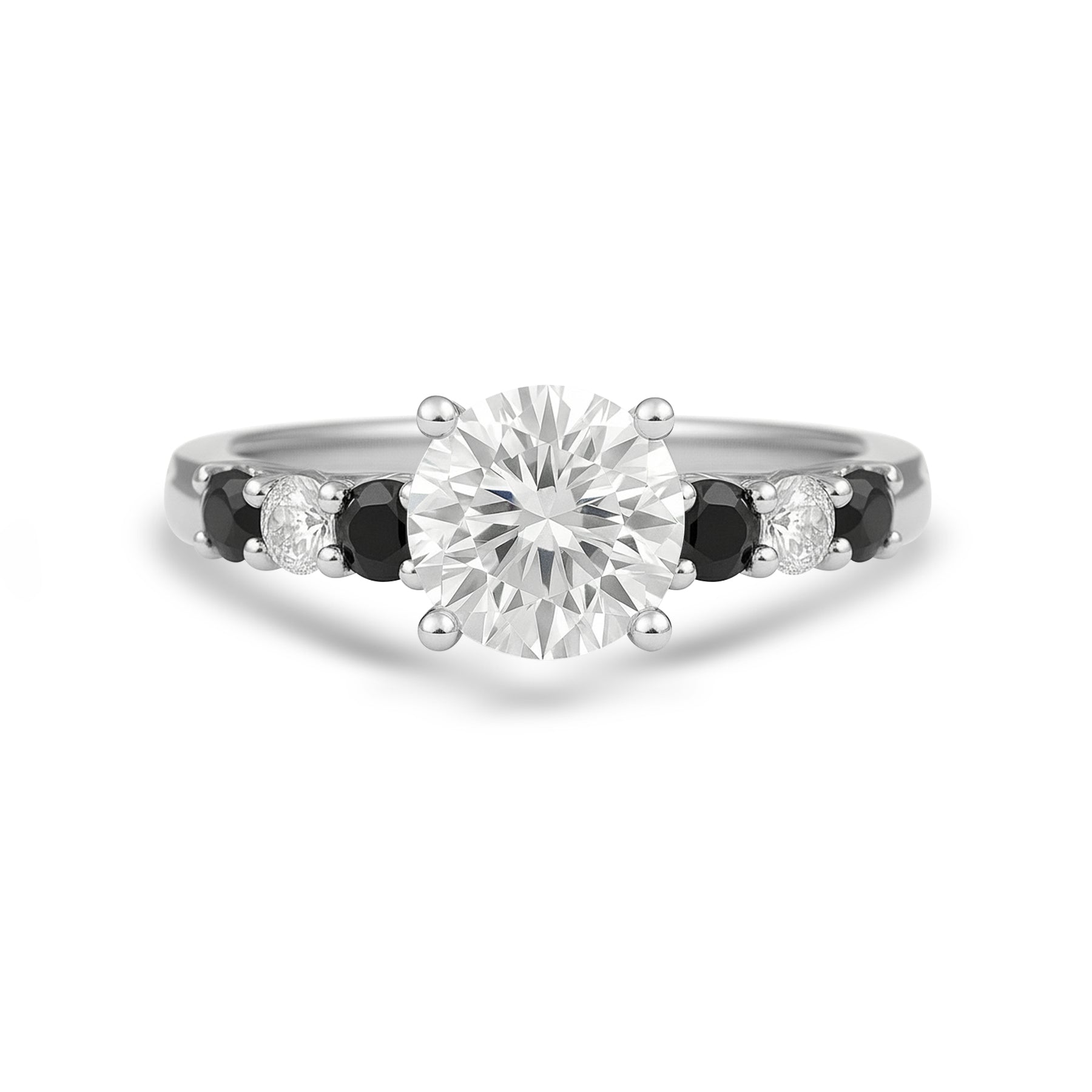 1.15 Ct Round Moissanite Black and White Side Stone Engagement Ring