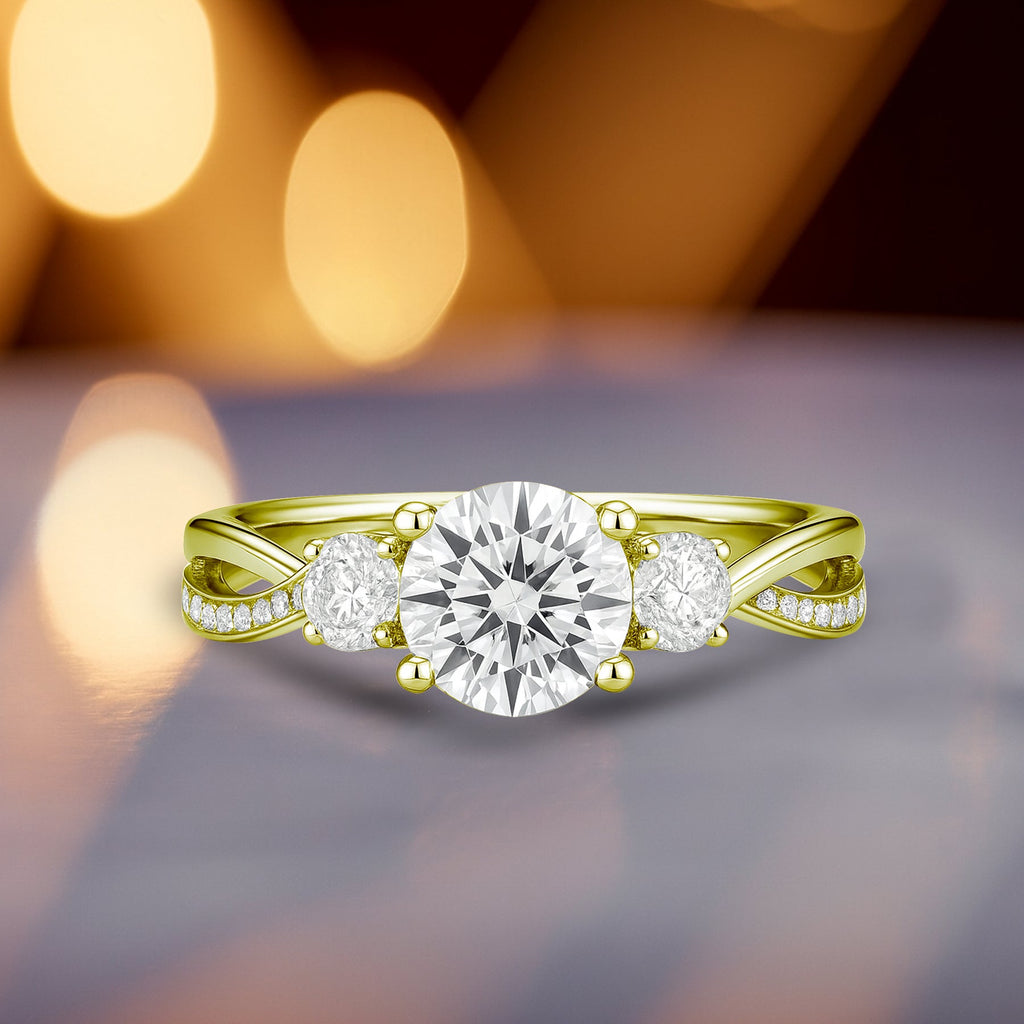 Certified 1 Ct Round Lab Diamond  Three Stone Twisted Engagement Ring