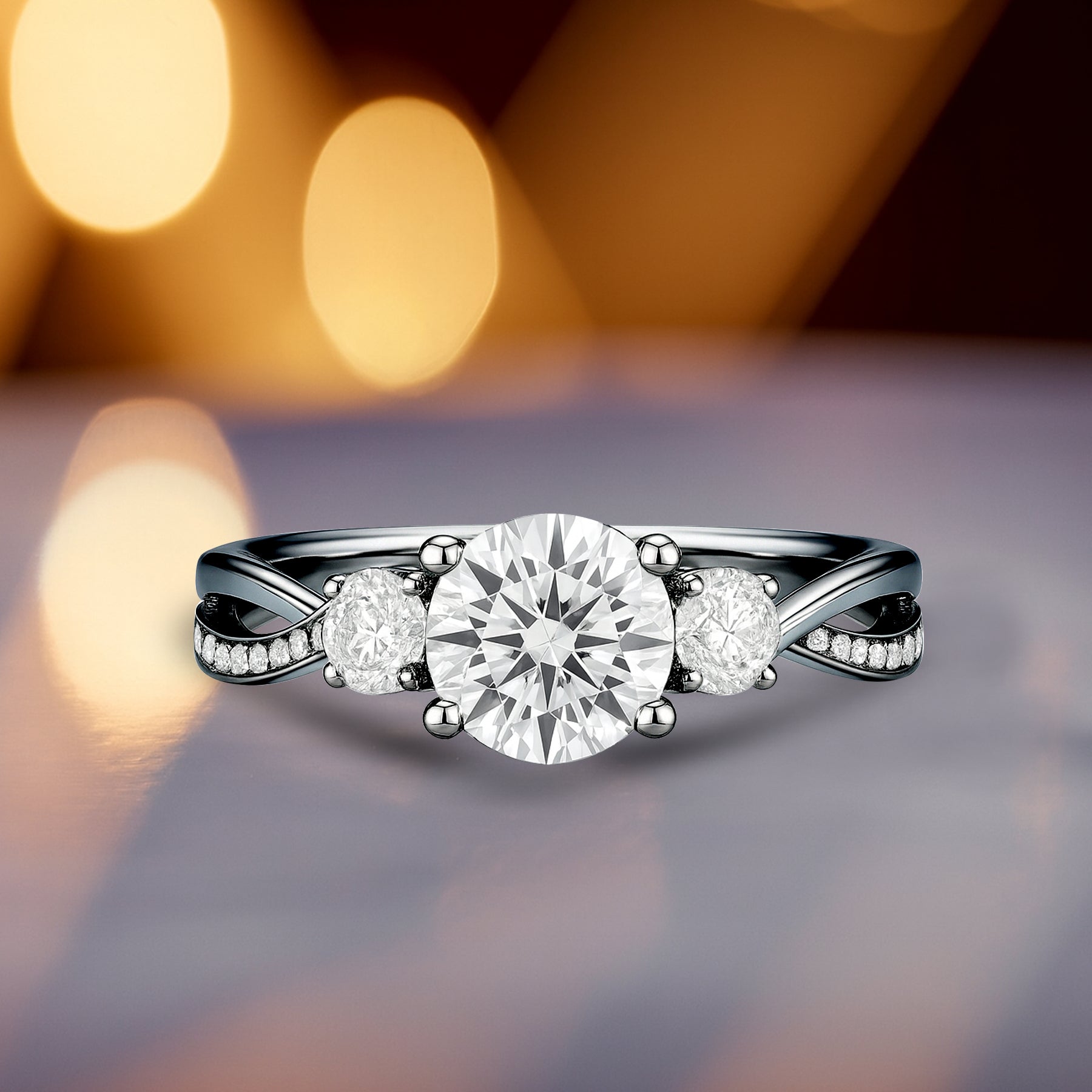 Certified 1 Ct Round Lab Diamond  Three Stone Twisted Engagement Ring