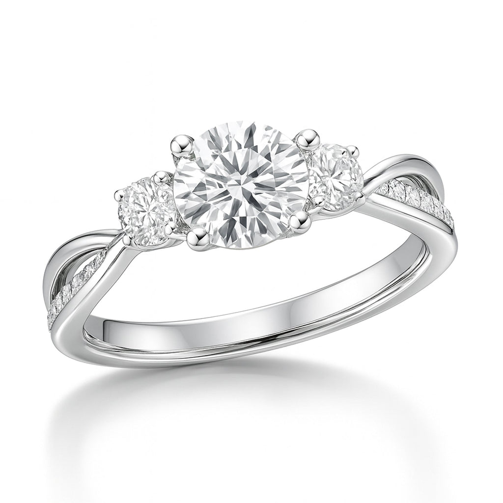 Certified 1 Ct Round Lab Diamond  Three Stone Twisted Engagement Ring