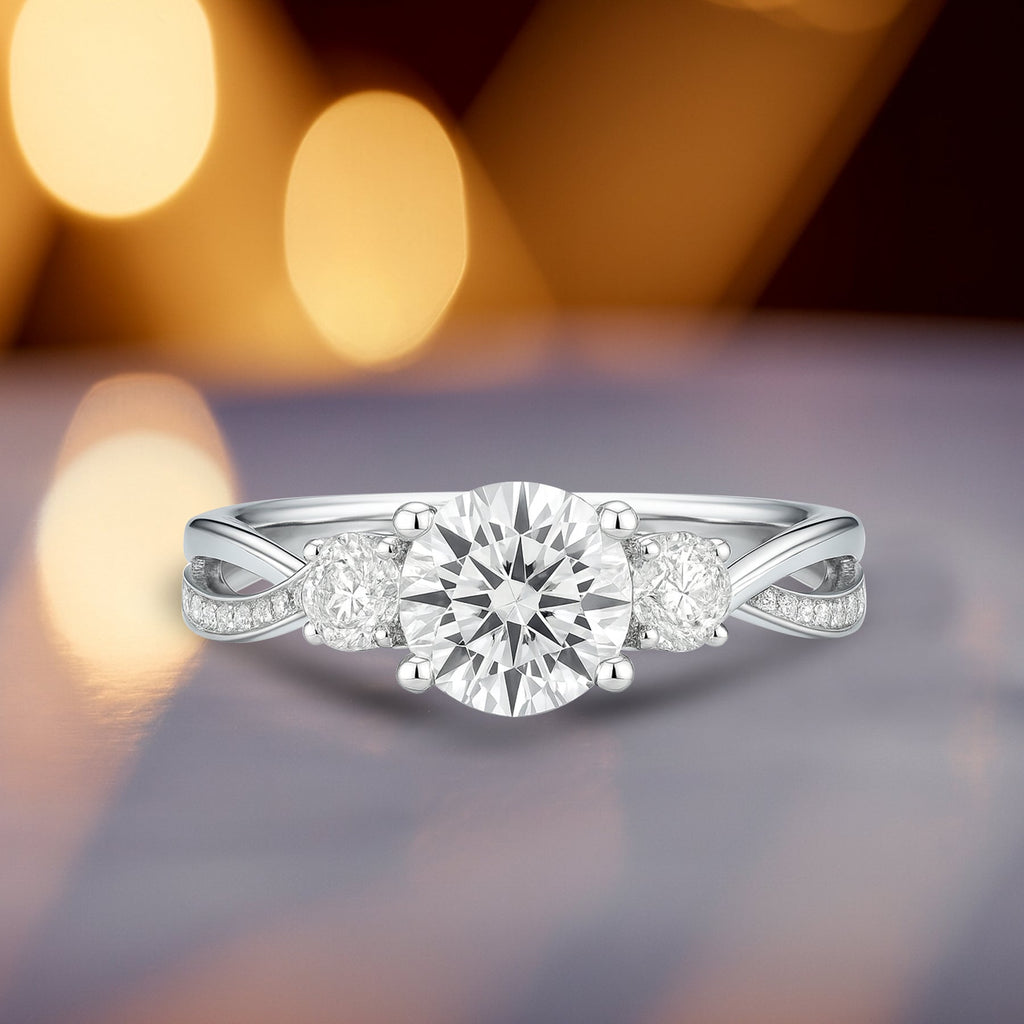 Certified 1 Ct Round Lab Diamond  Three Stone Twisted Engagement Ring