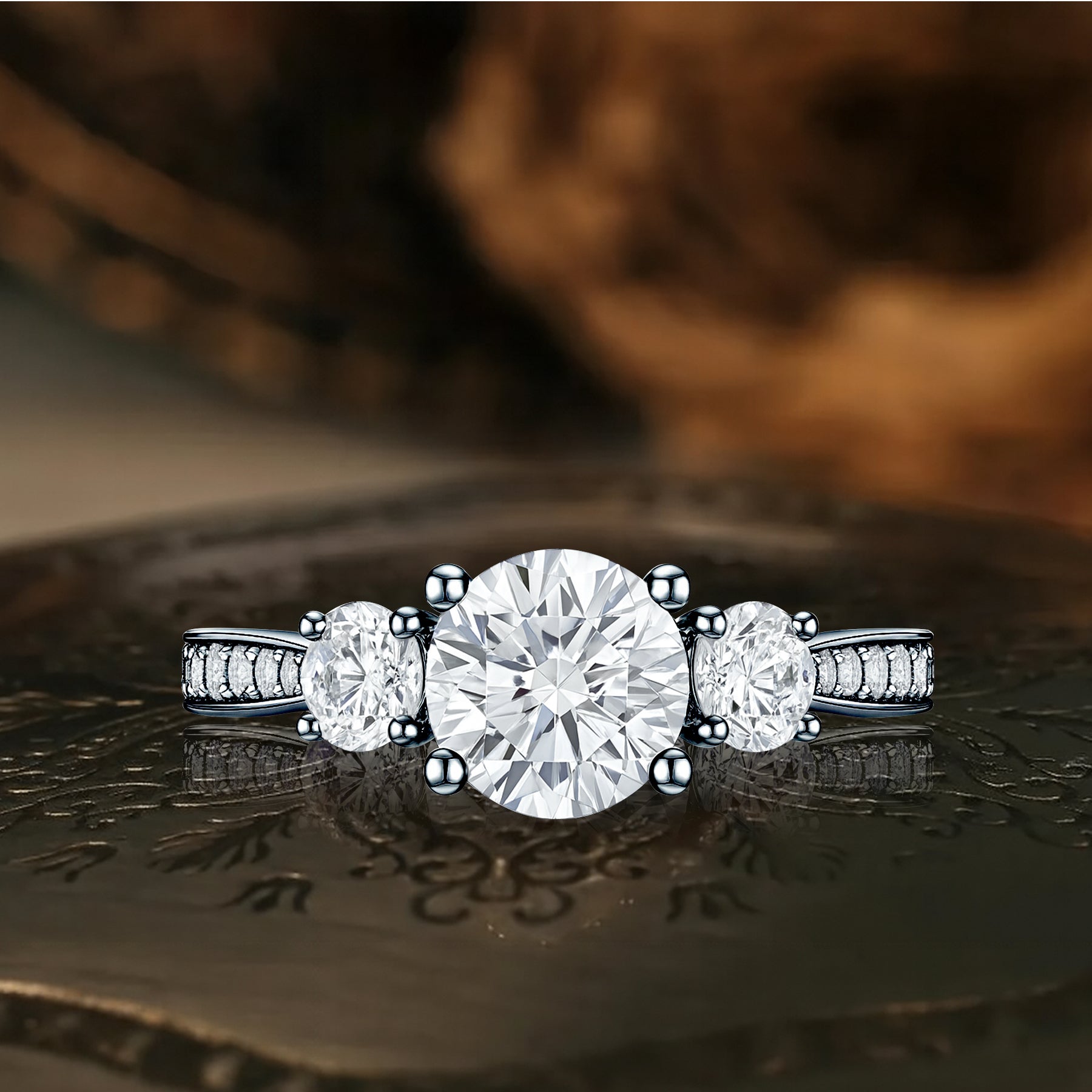 Certified 1 Ct Round Lab Diamond  Three Stone Pave Engagement Ring