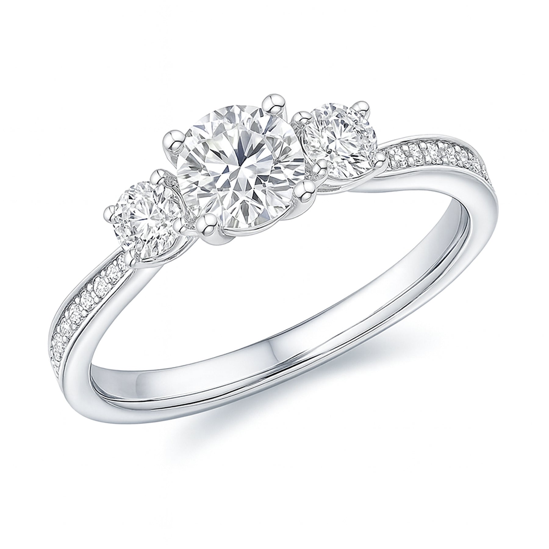 Certified 1 Ct Round Lab Diamond  Three Stone Pave Engagement Ring