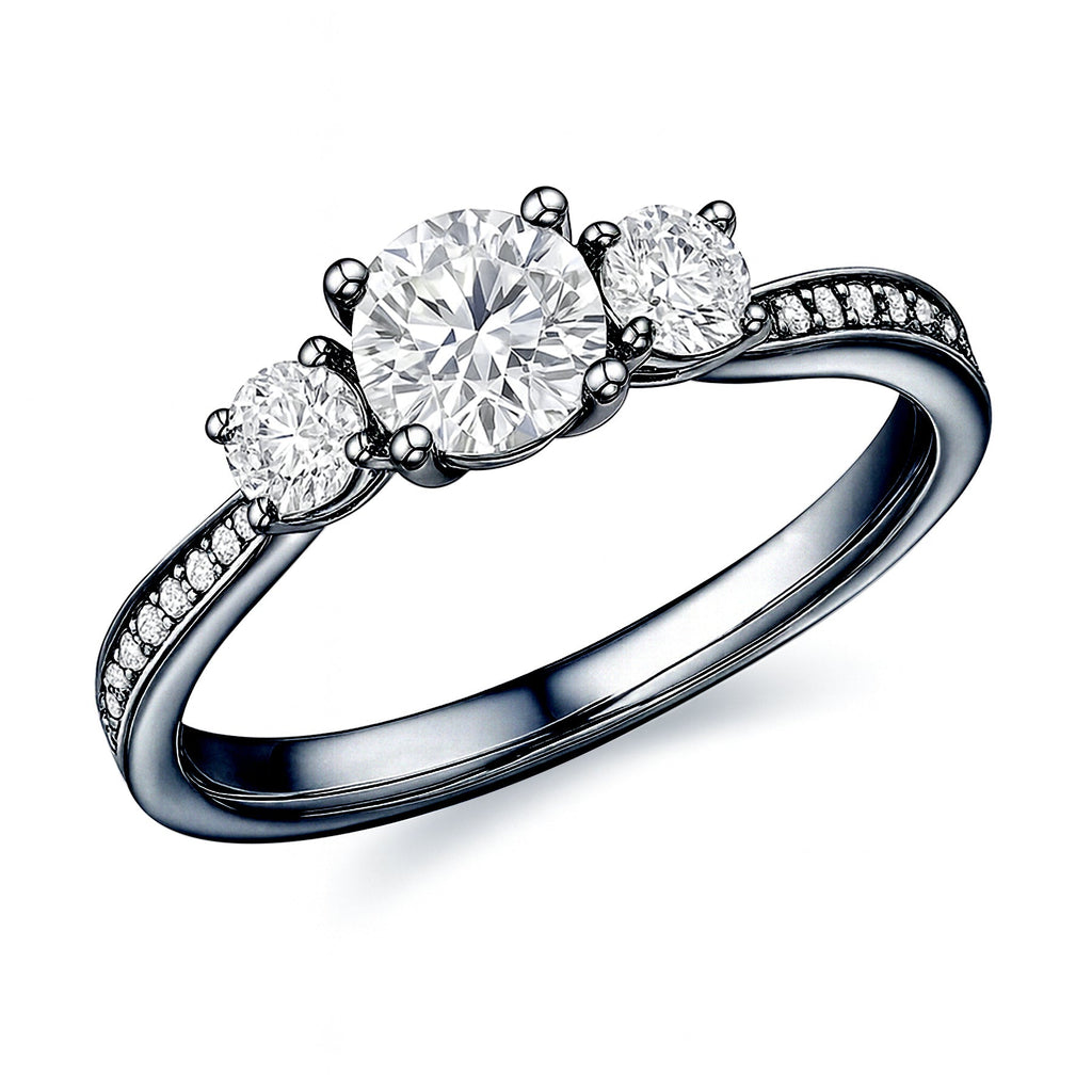 Certified 1 Ct Round Lab Diamond  Three Stone Pave Engagement Ring
