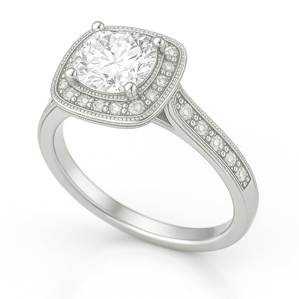 Certified 1 Ct Round Lab Diamond Vintage Halo Engagement Ring