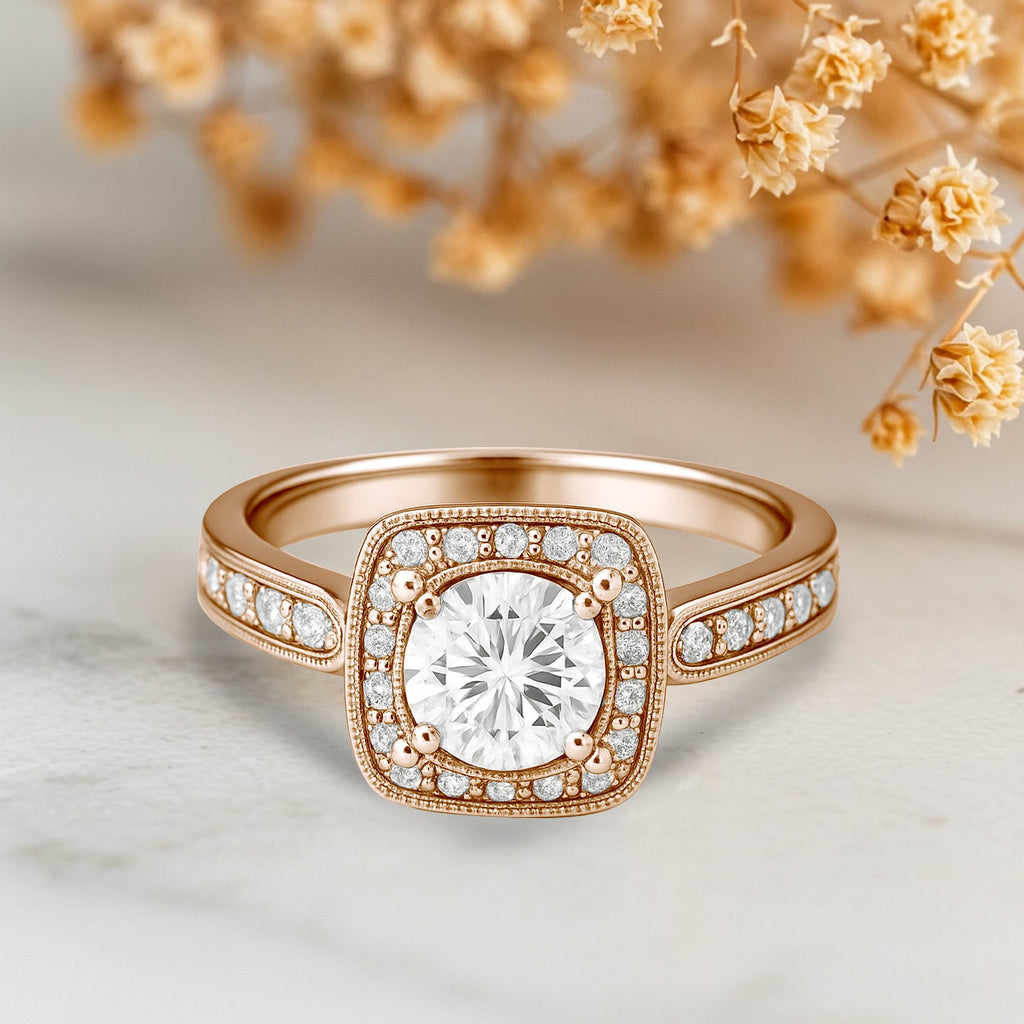 Certified 1 Ct Round Lab Diamond Vintage Halo Engagement Ring