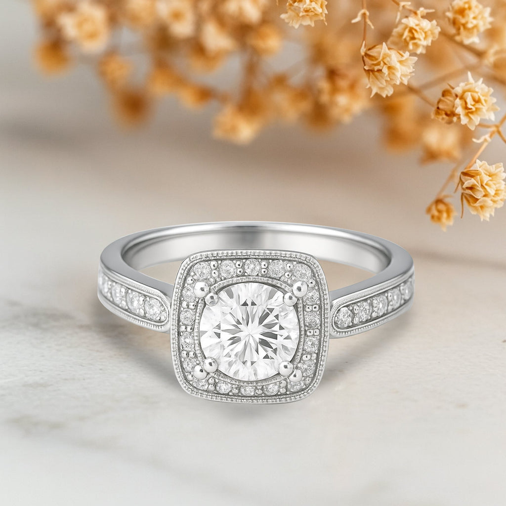 Certified 1 Ct Round Lab Diamond Vintage Halo Engagement Ring