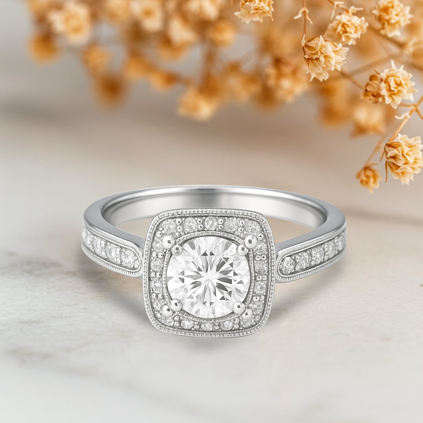 Certified 1 Ct Round Lab Diamond Vintage Halo Engagement Ring