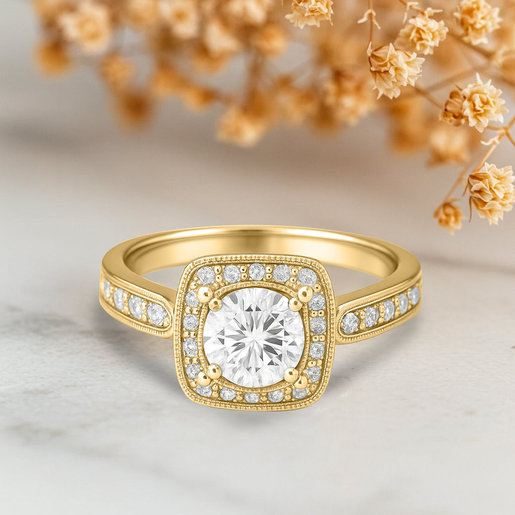 Certified 1 Ct Round Lab Diamond Vintage Halo Engagement Ring