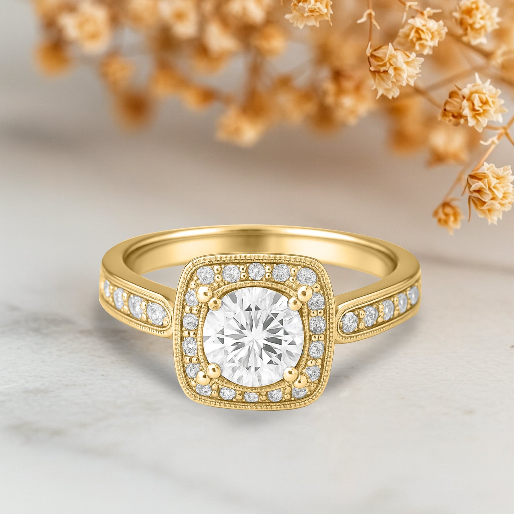 Certified 1 Ct Round Lab Diamond Vintage Halo Engagement Ring