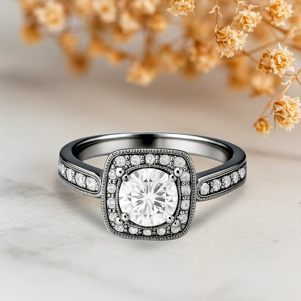 Certified 1 Ct Round Lab Diamond Vintage Halo Engagement Ring