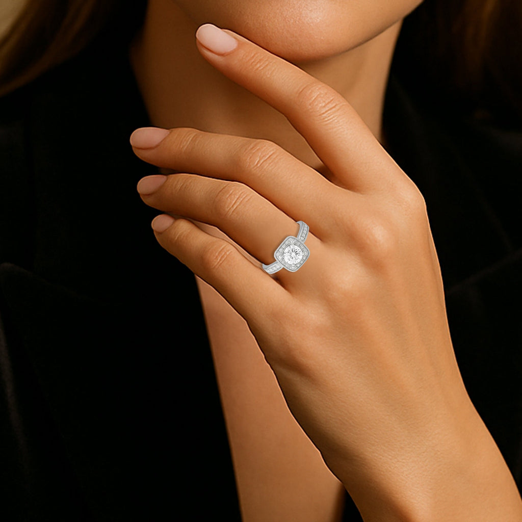 Certified 1 Ct Round Lab Diamond Vintage Halo Engagement Ring