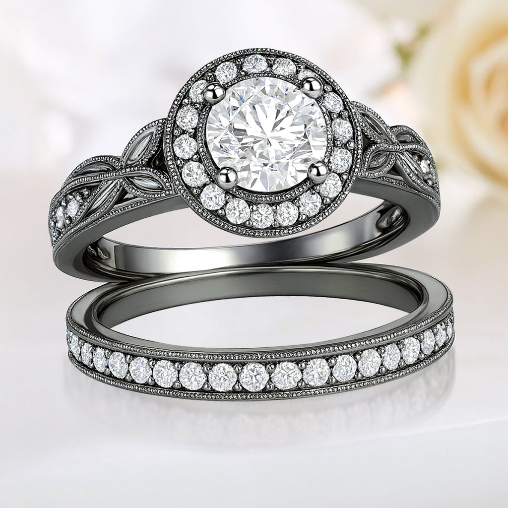 Certified 1.10 Ct Round Lab Diamond Halo Vintage Bridal Set