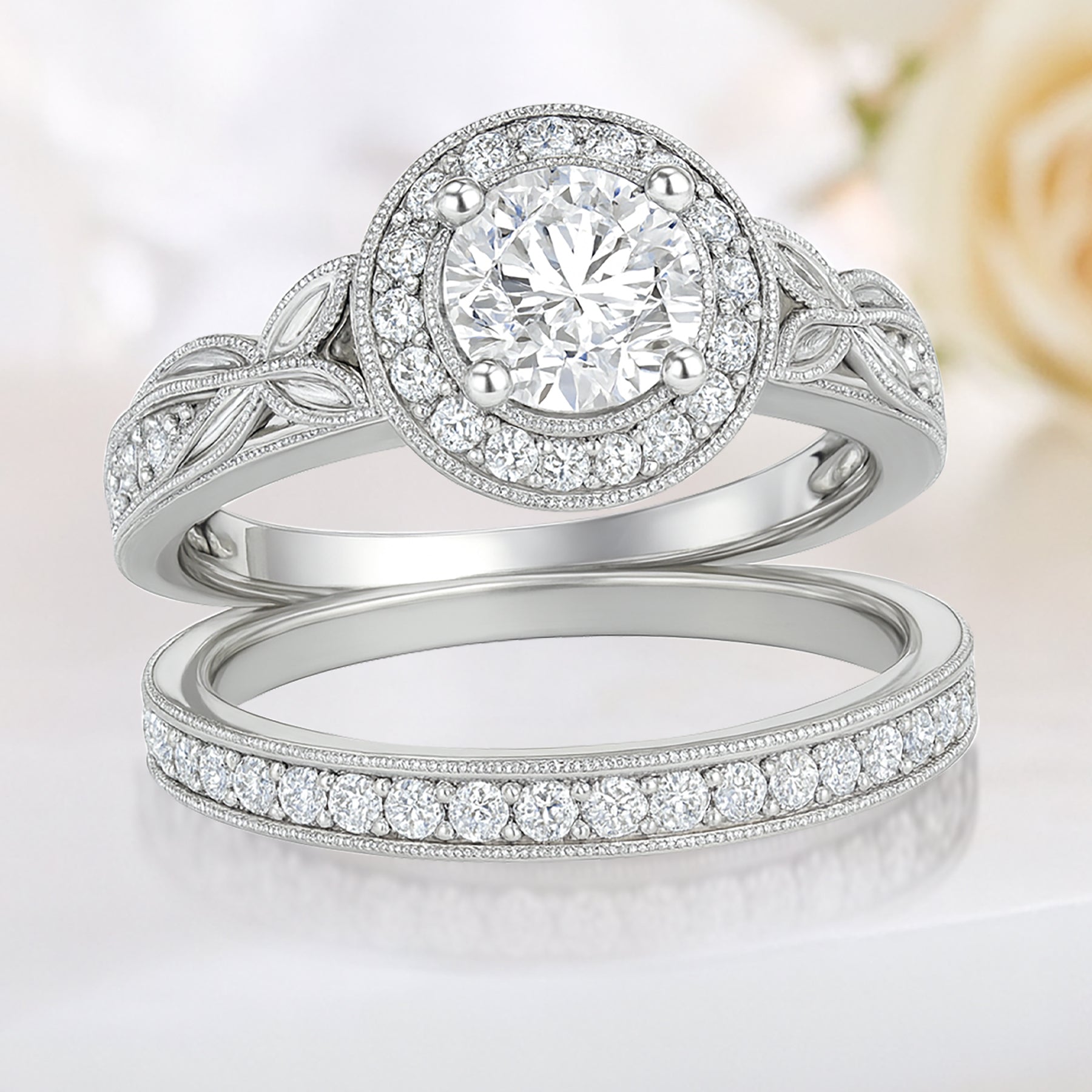 Certified 1.10 Ct Round Lab Diamond Halo Vintage Bridal Set