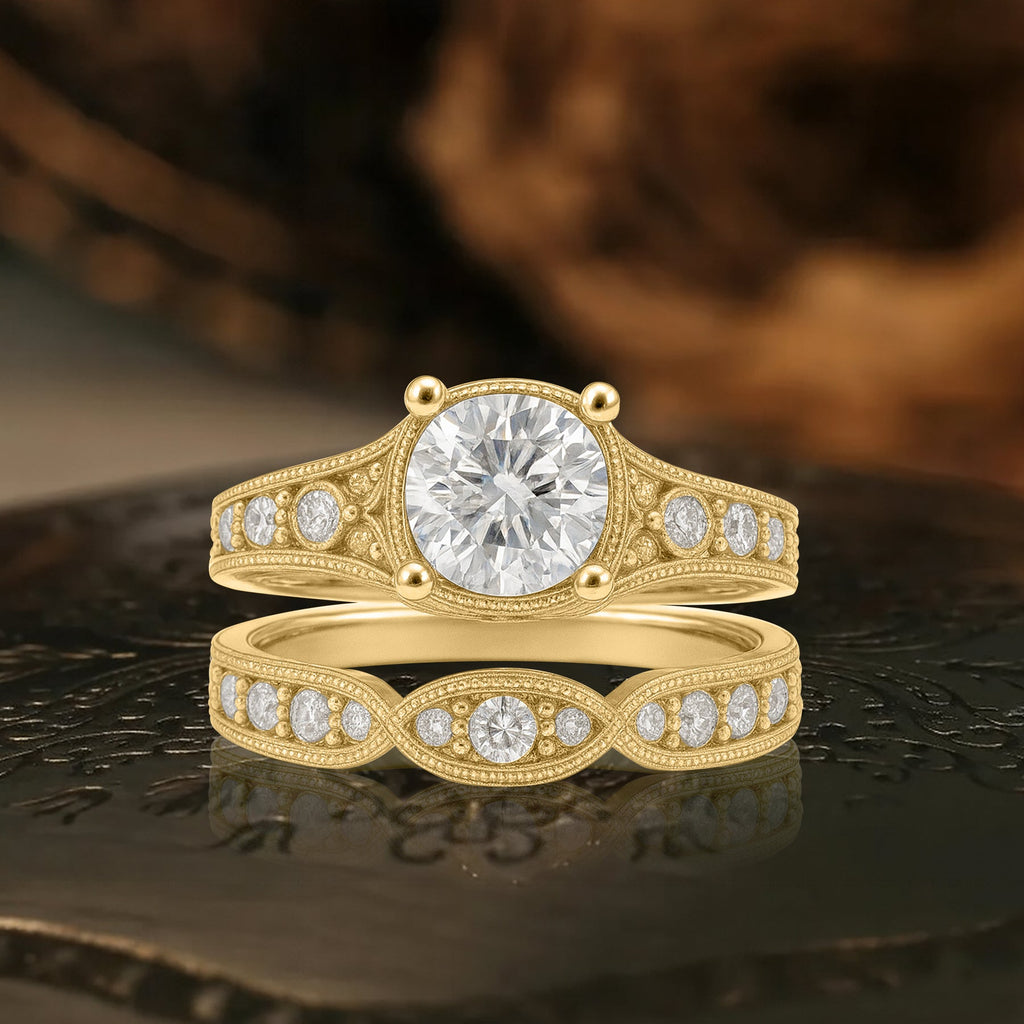 Certified 1 Ct Round Lab Diamond Milgrain Vintage Bridal Set