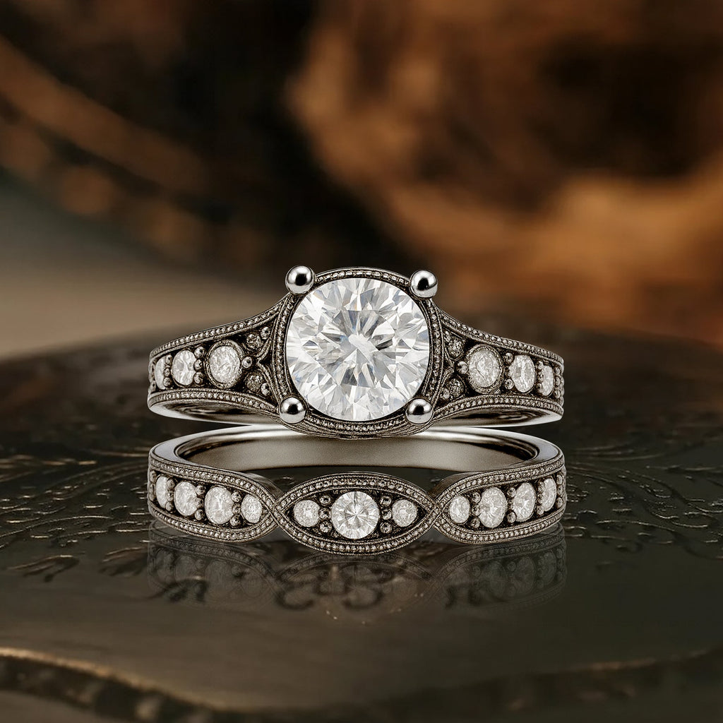 Certified 1 Ct Round Lab Diamond Milgrain Vintage Bridal Set