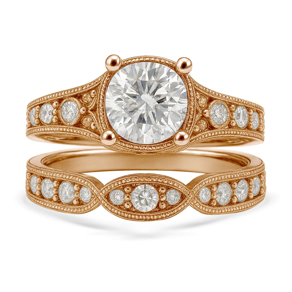 Certified 1 Ct Round Lab Diamond Milgrain Vintage Bridal Set