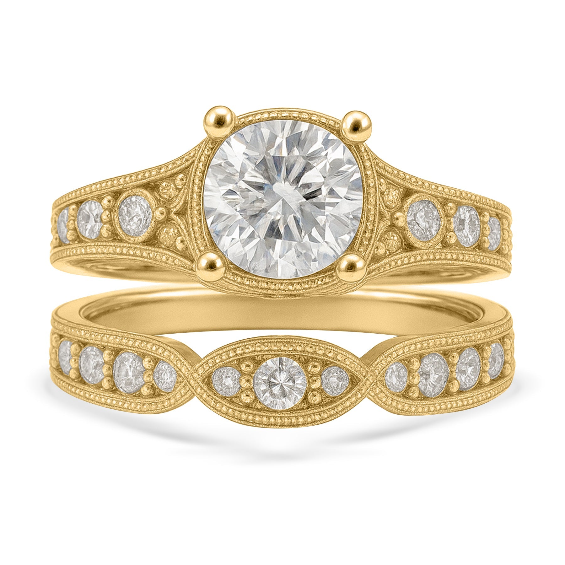 Certified 1 Ct Round Lab Diamond Milgrain Vintage Bridal Set