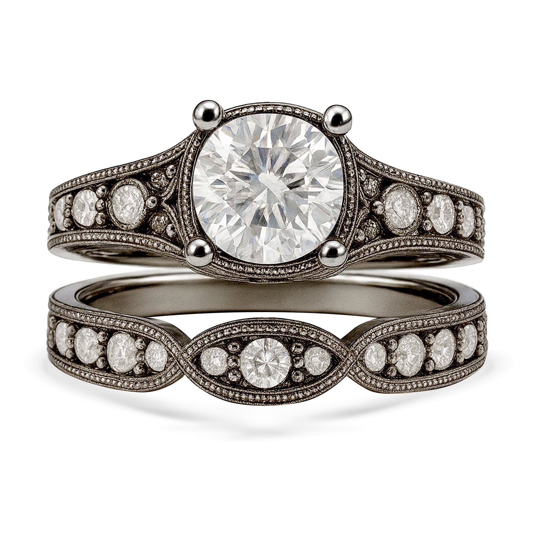 Certified 1 Ct Round Lab Diamond Milgrain Vintage Bridal Set