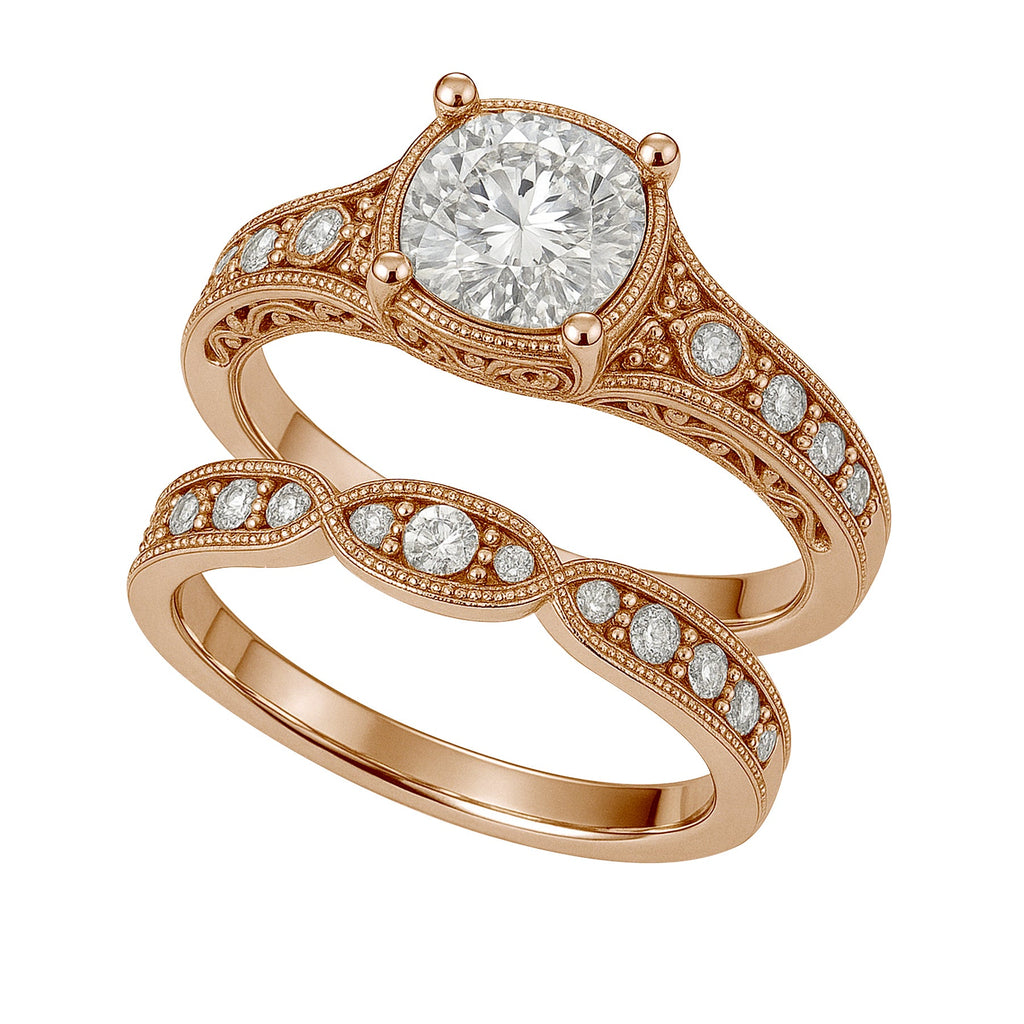 Certified 1 Ct Round Lab Diamond Milgrain Vintage Bridal Set