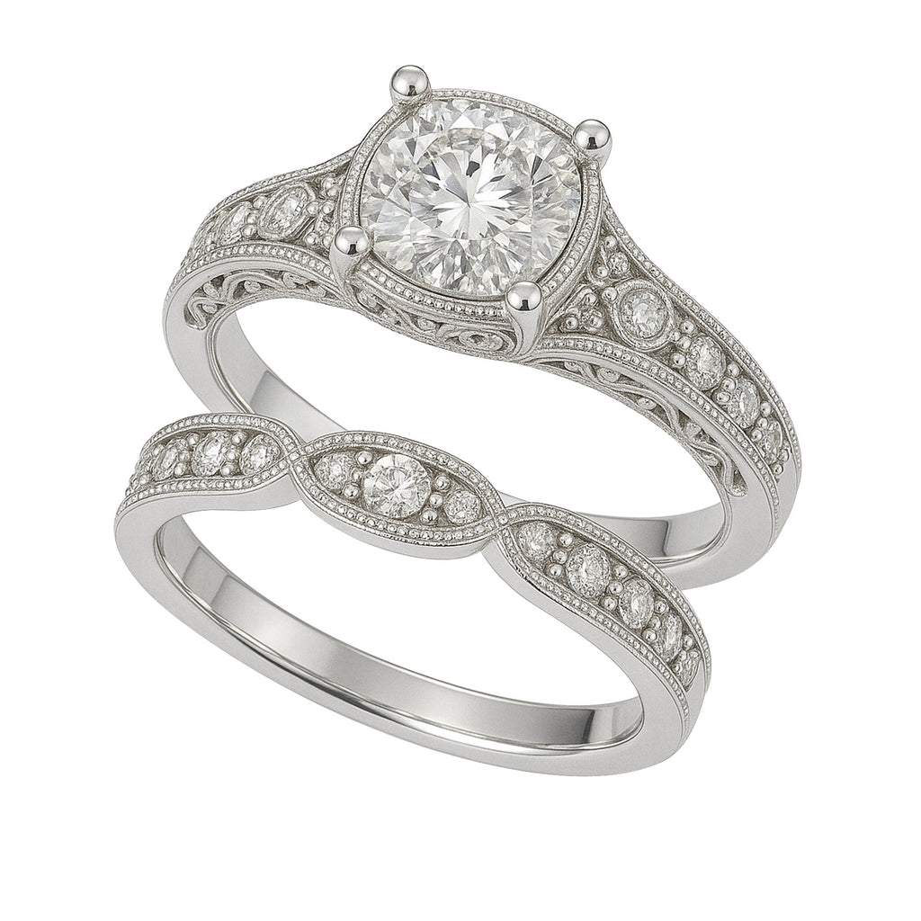 Certified 1 Ct Round Lab Diamond Milgrain Vintage Bridal Set