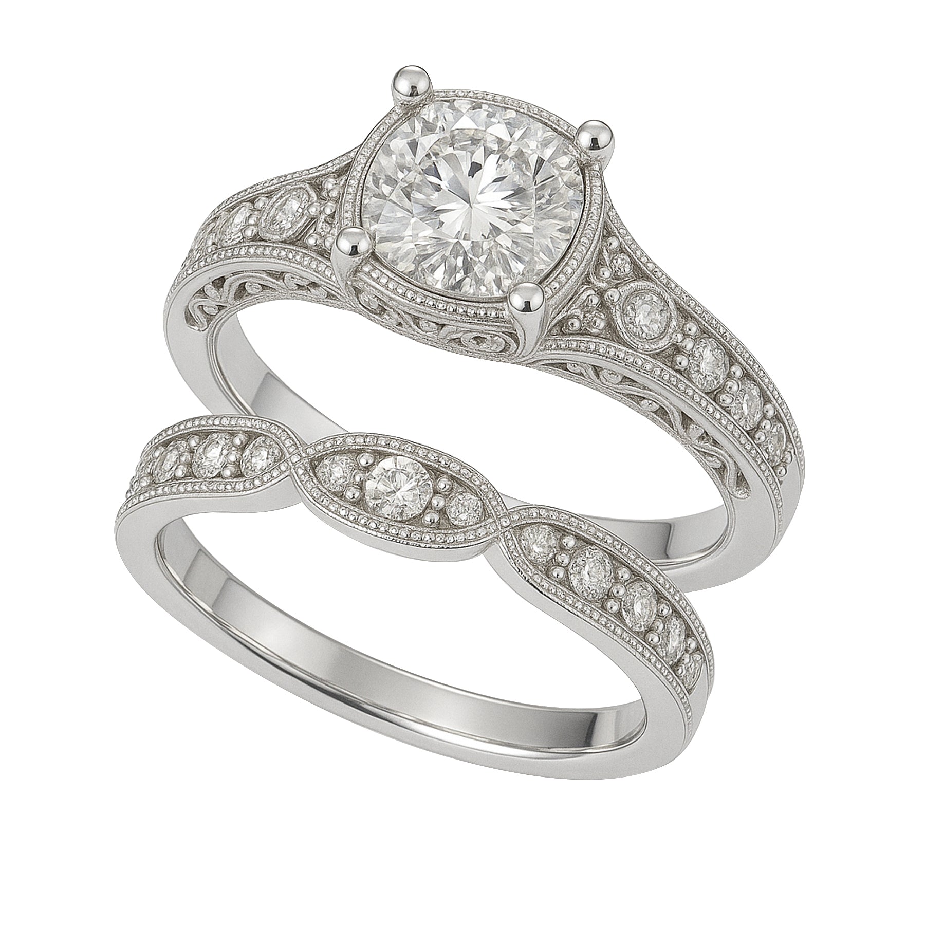 Certified 1 Ct Round Lab Diamond Milgrain Vintage Bridal Set