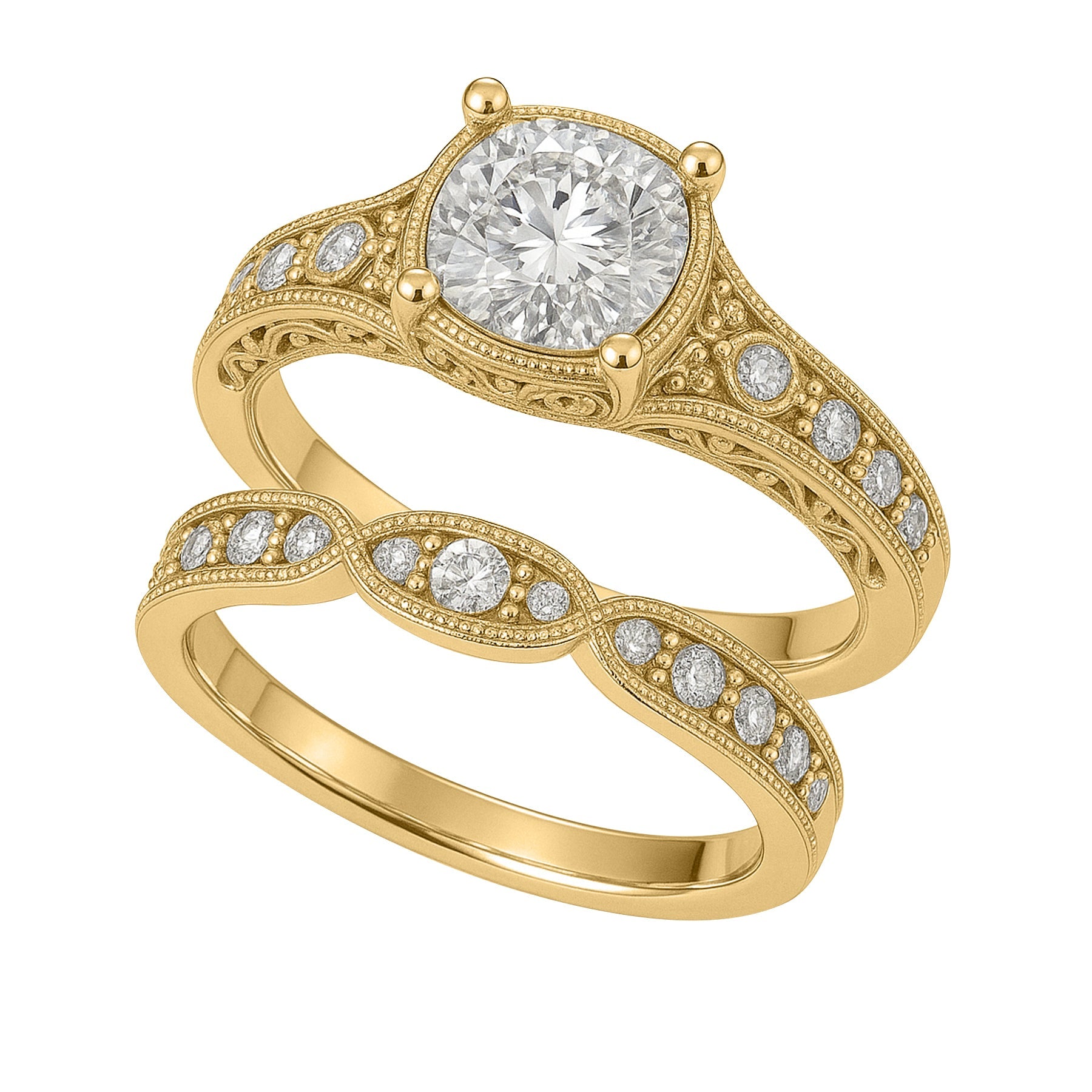 Certified 1 Ct Round Lab Diamond Milgrain Vintage Bridal Set