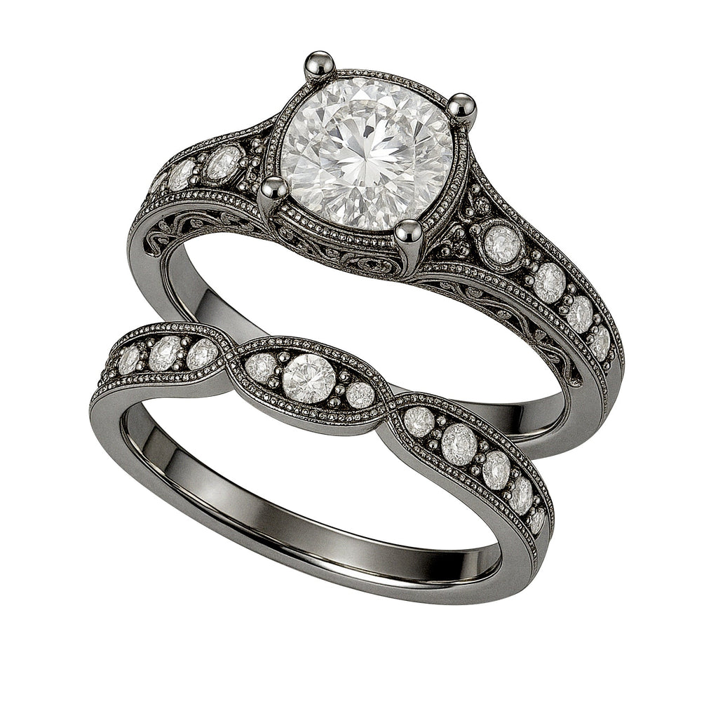 Certified 1 Ct Round Lab Diamond Milgrain Vintage Bridal Set