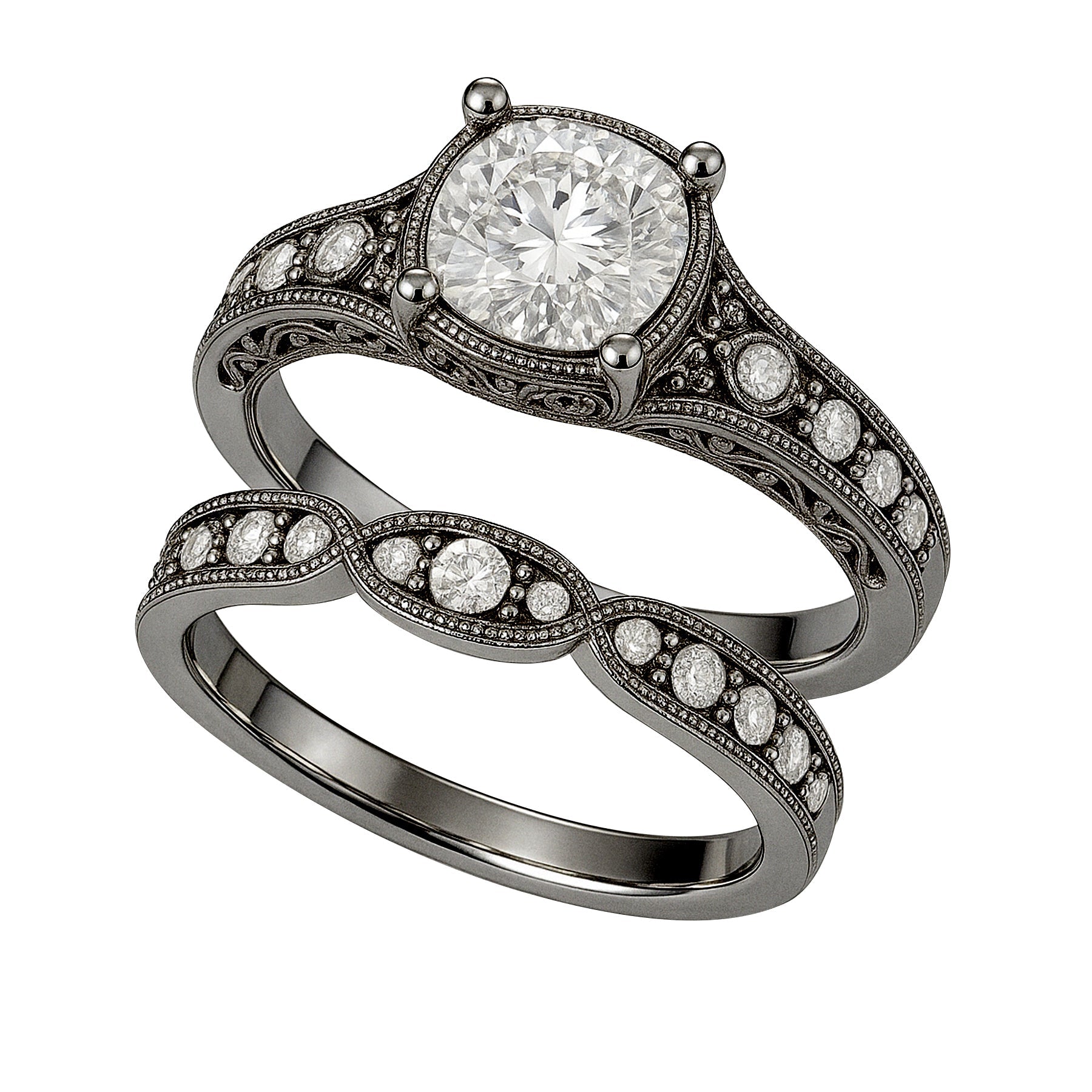 Certified 1 Ct Round Lab Diamond Milgrain Vintage Bridal Set