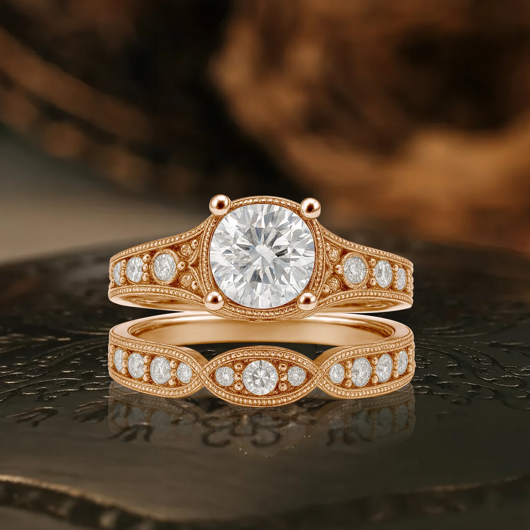 Certified 1 Ct Round Lab Diamond Milgrain Vintage Bridal Set