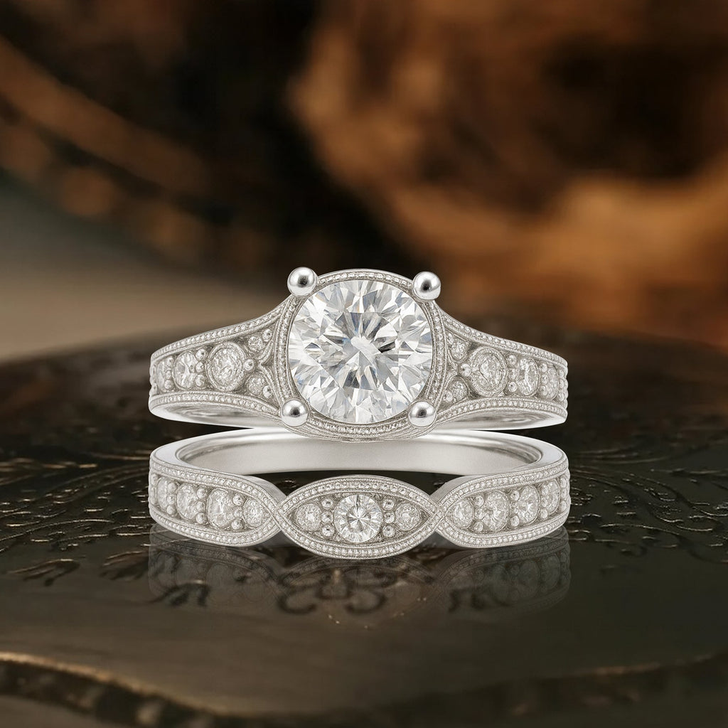 Certified 1 Ct Round Lab Diamond Milgrain Vintage Bridal Set