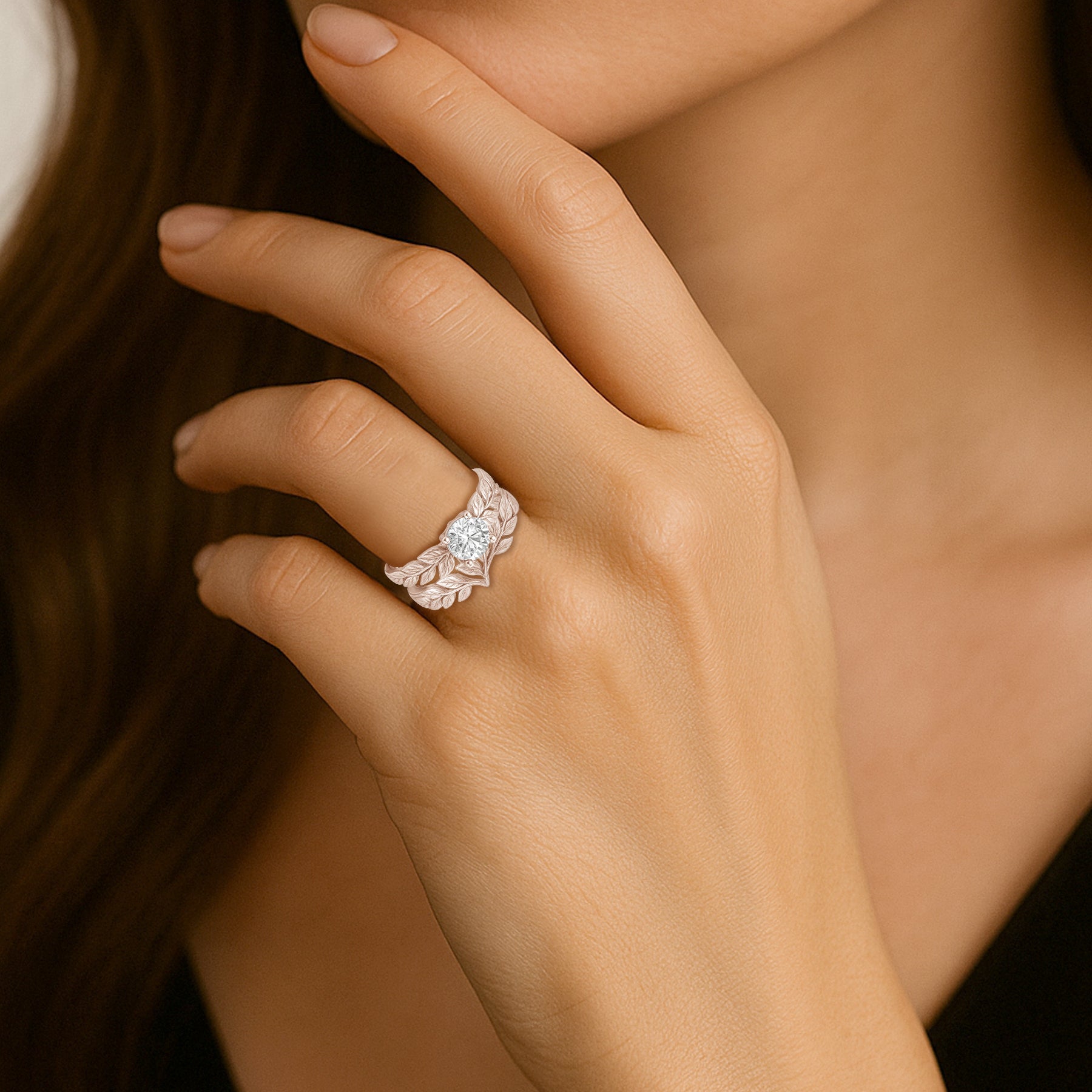 Certified 1 Ct Round Lab Diamond Leafy Bridal Set