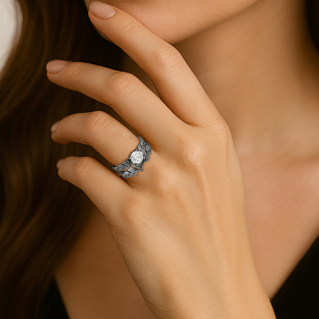 Certified 1 Ct Round Lab Diamond Leafy Bridal Set