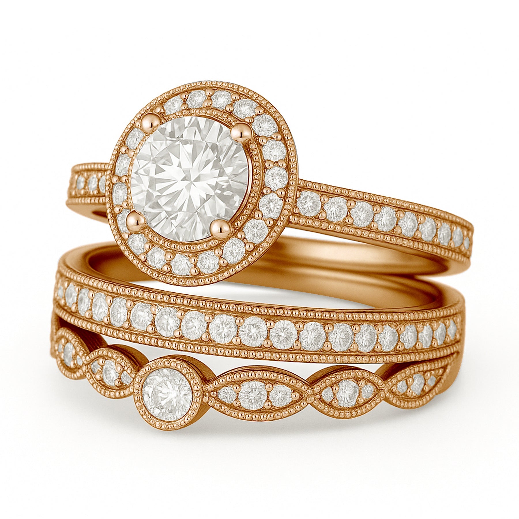 Certified 1.10 Ct Round Lab Diamond Vintage Pave Trio Set