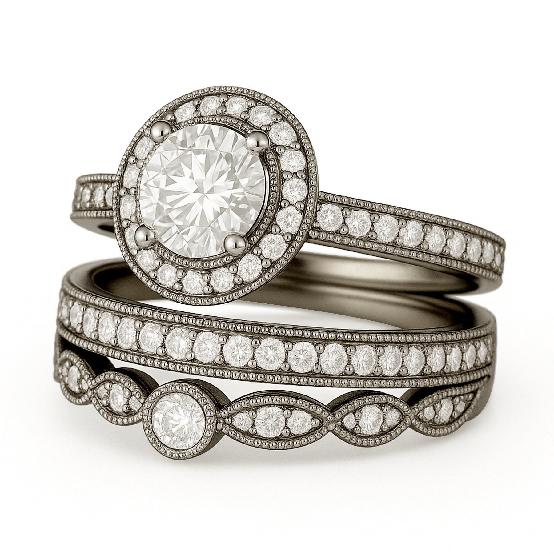 Certified 1.10 Ct Round Lab Diamond Vintage Pave Trio Set