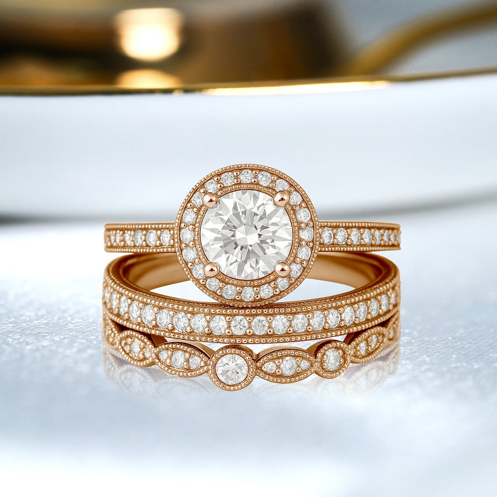 Certified 1.10 Ct Round Lab Diamond Vintage Pave Trio Set