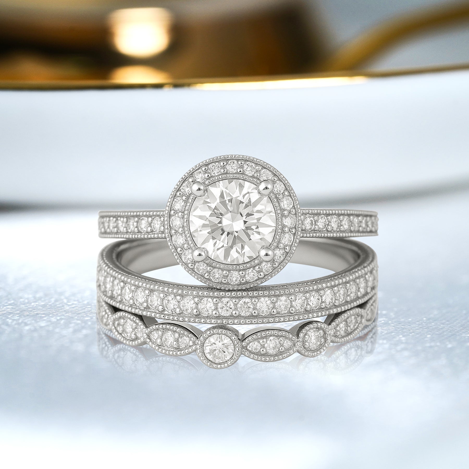 Certified 1.10 Ct Round Lab Diamond Vintage Pave Trio Set