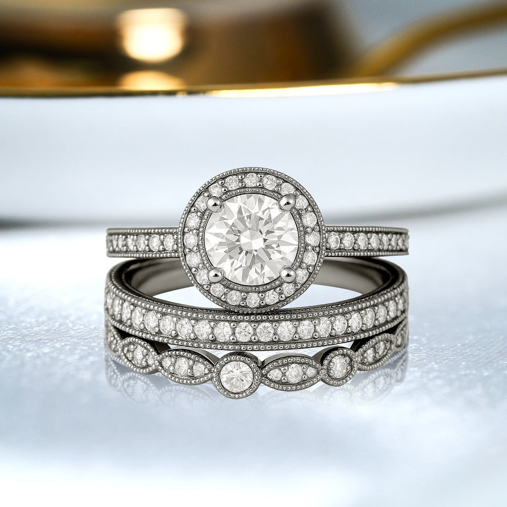 Certified 1.10 Ct Round Lab Diamond Vintage Pave Trio Set