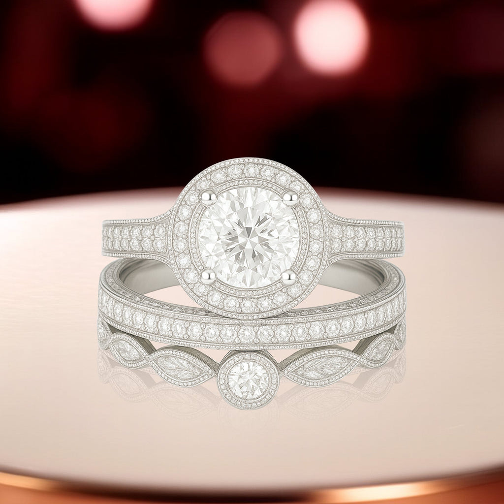 Certified 1.10 Ct Round Lab Diamond Halo Vintage Pave Trio Set