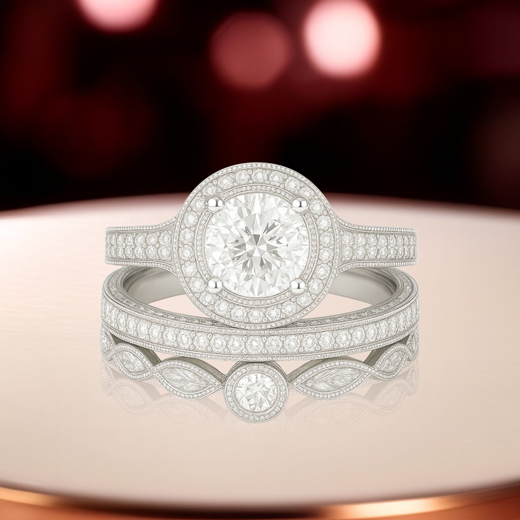 Certified 1.10 Ct Round Lab Diamond Halo Vintage Pave Trio Set