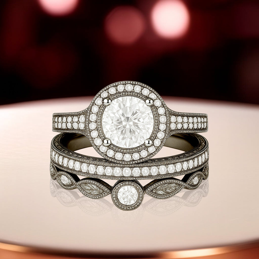 Certified 1.10 Ct Round Lab Diamond Halo Vintage Pave Trio Set