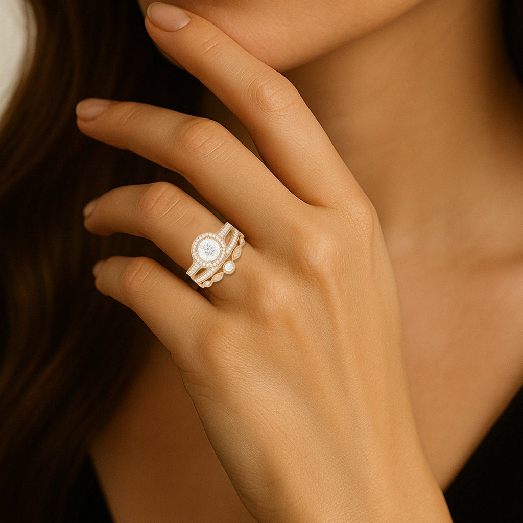 Certified 1.10 Ct Round Lab Diamond Halo Vintage Pave Trio Set